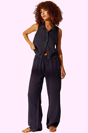 Kadın Yüksek Bel Geniş Paça Keten Pantolon Günlük Şıklık Hafta Sonu Yaz Aylarının Vazgeçilmezi