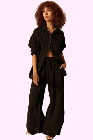 Kadın Yüksek Bel Geniş Paça Keten Pantolon Günlük Kullanım Hafta Sonu Yaz Aylarının Vazgeçilmezi