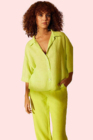Kadın Oversize Keten Gömlek Basic Siluet Günlük Kullanım Hafta Sonu Yaz Aylarının Vazgeçilmezi