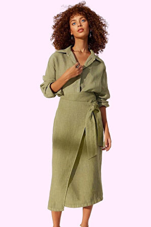 Kadın Bağlamalı Midi Etek Keten Düz Desen Günlük Şıklık Hafta Sonu Yaz Aylarının Vazgeçilmezi