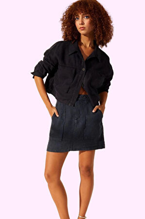 Kadın Mini Basic Keten Etek Cep Detaylı Rigid Dokuma Yazlık Günlük Kullanım Modern Tasarım