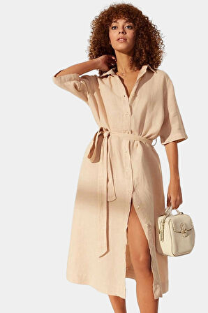 Keten Maxi Gömlek Elbise Yazlık Günlük Şık Tasarım Modern Stil Rahat Ve Kullanım