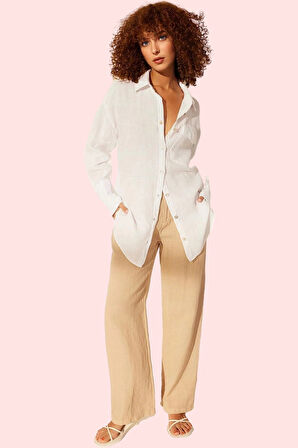 Kadın Oversize Keten Gömlek Şık Gece Kombinleri İçin Günlük Kullanım Yaz Aylarının Vazgeçilmezi