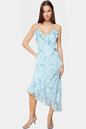 Çiçekli Desenli Şifon Maxi Elbise A Kesim V Yaka Yazlık Şık Görünüm Özenle Seçilmiş