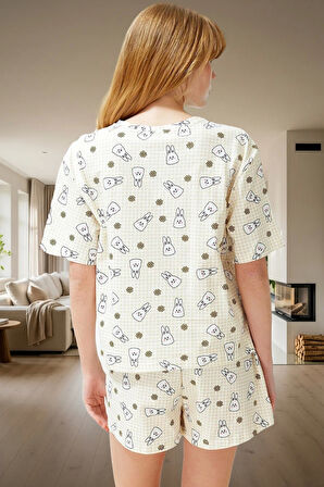 Kadın Pamuklu Tavşan Desenli Rahat Pijama Takımı Yazlık Şortlu Modern Stil Yüksek Kalite Özel Tasarım