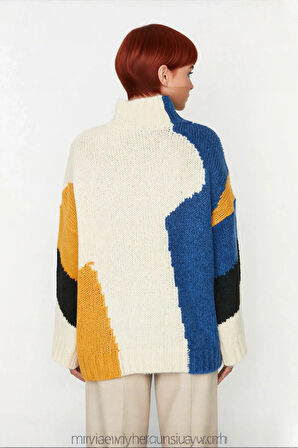 Kadın Oversize Dik Yaka Renk Bloklu Düşük Kol Selanik Dokuma Uzun Triko Kazak Kışlık Kombinlerin