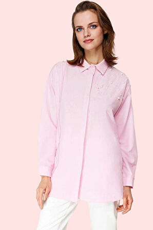 Kadın İncili Detaylı Pamuklu Dokuma Gömlek Günlük Kullanım İçin Yaz Aylarının Vazgeçilmezi