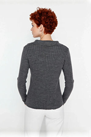 Kadın Regular Kalıp Polo Yaka Fitilli Uzun Kollu Triko Kazak Basic Şıklık Sunan Kışlık Tasarım