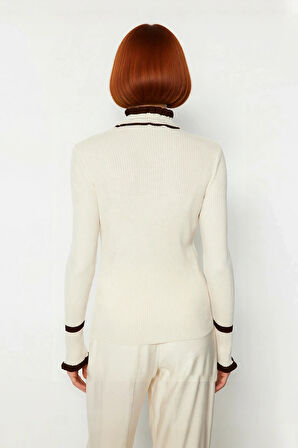 Kadın Renk Bloklu Dik Yaka Fitilli Triko Kazak Kış Günleri İçin Şık Ve Rahat Basic Model Seçeneği