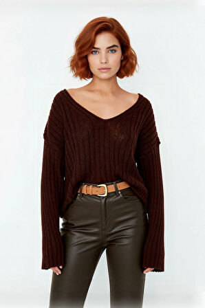 Kadın Geniş Kalıp V Yaka Yünlü Triko Kazak Basic Fitilli Uzun Kollu Günlük Şıklık İçin İdeal Seçim