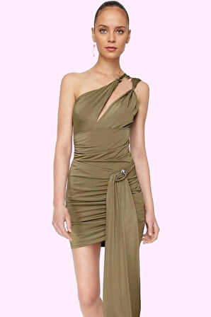 Kadın Tek Omuz Sarong Elbise Kemerli 95% Polyester 5% Elastan Şık Gece Elbisesi Günlük Kullanım