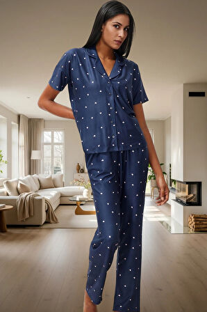 Kadın Kalpli Örme Pijama Takımı Rahat Şık Kısa Kollu Regular Kalıp Premium Kalite Seçkin Malzeme