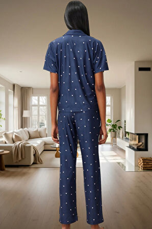 Kadın Kalpli Örme Pijama Takımı Rahat Şık Kısa Kollu Regular Kalıp Premium Kalite Seçkin Malzeme