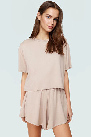 Kadın Örme Şortlu T shirt Takım Rahat Günlük Yazlık Kombin Kullanım Zarifane Tasarım