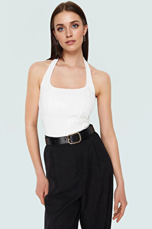 Crop Halter Boyundan Bağlamalı Örme Bluz Yazlık Rahat Tasarım Mükemmel Uyum Şık Görünüm