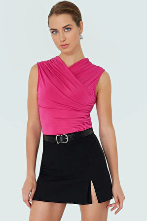 Kadın V Yaka Kolsuz Büzgü Detaylı Örme Bluz Özenle Seçilmiş Premium Kalite Uzun Ömürlü