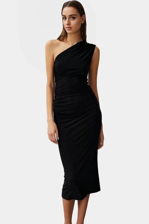 Tek Omuzlu Midi Kalem Elbise Örme Kumaş Bodycon Günlük Şık Rahat Kullanım Seçkin Malzeme