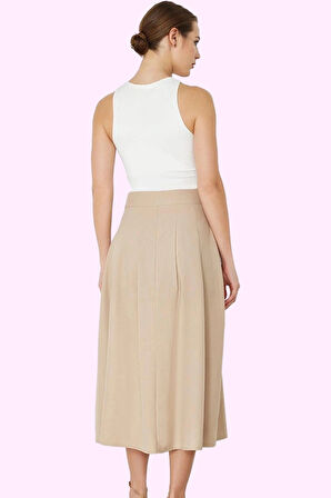 Kadın Midi Boy Pile Detaylı Dokuma Etek A line Kalıp Günlük Şıklık Yaz Aylarının Vazgeçilmezi