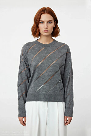 Kadınlara Özel Regular Kalıp Ajurlu Triko Kazak Bisiklet Yaka Düşük Kollu Modern Şıklık Kaliteli