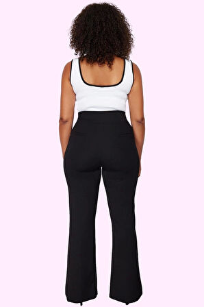 Kadın Yüksek Bel Flare Pantolon Krep Dokuma Düz Desen Regular Boy Yaz Aylarının Vazgeçilmezi