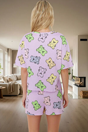 Kadın Ayıcıklı Pamuklu Pijama Takımı Renk Rahat Kalıp Yazlık Trend Tasarım Profesyonel Görünüm