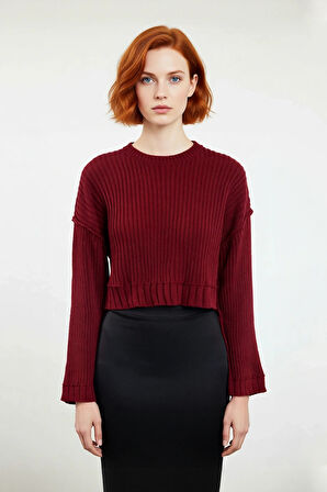 Kadınlar İçin Oversize Crop Bisiklet Yaka Fitilli Uzun Kollu Basic Akrilik Triko Kazak İlkbahar