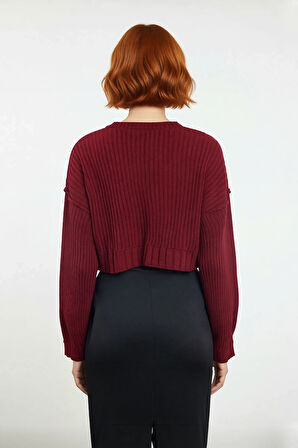 Kadınlar İçin Oversize Crop Bisiklet Yaka Fitilli Uzun Kollu Basic Akrilik Triko Kazak İlkbahar