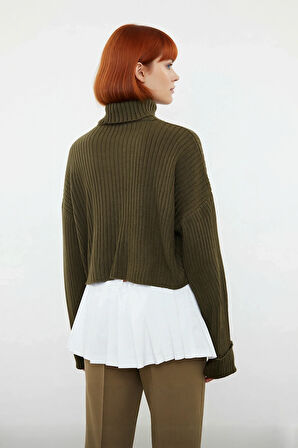 Kadın Oversize Super Crop Balıkçı Yaka Uzun Kollu Akrilik Triko Kazak Kışlık Günlük Şıklık