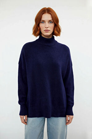 Kadın Oversize Düşük Kol Dik Yaka Uzun Triko Kazak Basic Modern Rahat Kış Günlük Şıklığı Sunar
