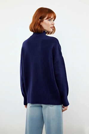 Kadın Oversize Düşük Kol Dik Yaka Uzun Triko Kazak Basic Modern Rahat Kış Günlük Şıklığı Sunar