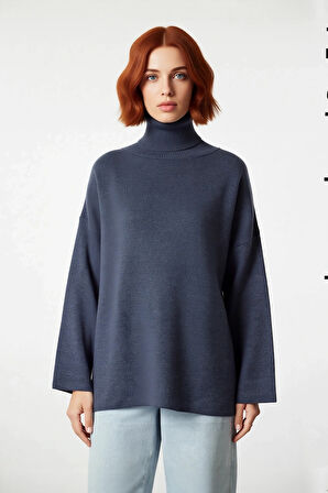 Kadın Oversize Balıkçı Yaka Düşük Kol Akrilik Triko Kazak Kış Sezonu İçin Uzun Basic Model