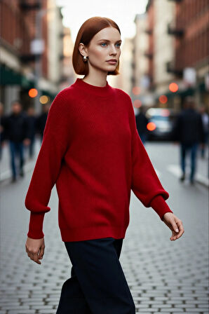 Kadın Oversize Balon Kol Selanik Dokuma Bisiklet Yaka Uzun Düz Basic Triko Kazak 100% Akrilik