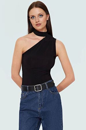 Tek Omuzlu Örme Bluz Choker Yaka Günlük Şık Tarz Özel Tasarım Rahat Ve