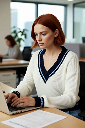 Kadın Oversize V Yaka Renk Bloklu Triko Kazak Soğuk Havalar İçin Basic Crop Uzun Kol Stil.