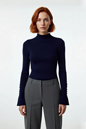 Kadın Fitted Dik Yaka Uzun Kollu Fitilli Dokuma Triko Kazak Casual Basic Şıklık Sunar Kaliteli