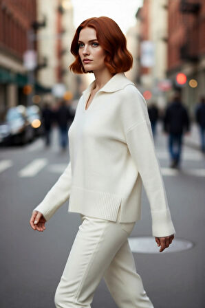 Kadın Oversize Polo Yaka Düşük Kol Triko Kazak Kışlık Kombinlerinize Modern Rahatlık Katacak Şık