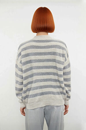 Kadın Oversize Bisiklet Yaka Bej Gri Çizgili Akrilik Uzun Kollu Triko Kazak Günlük Şıklık Kaliteli