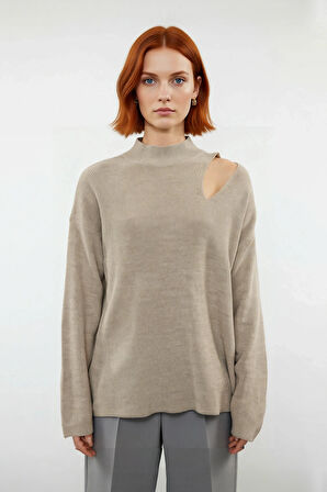 Kadın Oversize Cut Out Detaylı Siyah Triko Kazak Akrilik Fitilli Uzun Kollu Kışlık Kombinlerinize