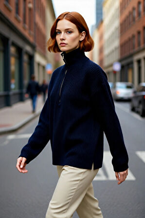 Kadın Dik Yaka Fermuarlı Regular Kalıp Düşük Kol Selanik Örgü Uzun Triko Kazak Soğuk Günler İçin