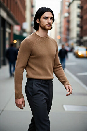 Erkek Fitted Kalıp Bisiklet Yaka Seamless Reglan Kol Basic Triko Kazak Sonbahar Kış Şıklığı