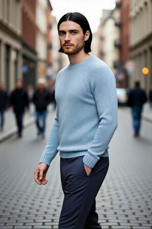 Erkek Fitted Kalıp Bisiklet Yaka Seamless Reglan Kol Basic Triko Kazak Sonbahar Kış Şıklığı