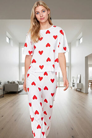 Kadın Kalpli Pamuklu Pijama Takımı Rahat Kesim Boru Paça Premium Kalite Özel Tasarım Özenle Seçilmiş