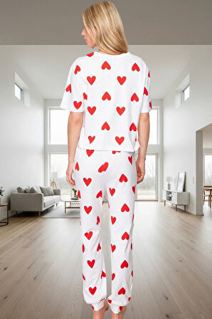 Kadın Kalpli Pamuklu Pijama Takımı Rahat Kesim Boru Paça Premium Kalite Özel Tasarım Özenle Seçilmiş