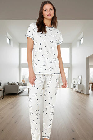 Kadın Yıldız Desenli Kısa Kollu Regular Pijama Takımı Profesyonel Görünüm Konforlu Kesim