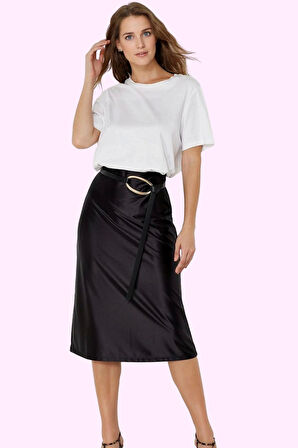 Kadın Midi Boy Saten Etek A Kesim Beli Lastikli Şık Günlük Hafta Sonu Yaz Aylarının Vazgeçilmezi