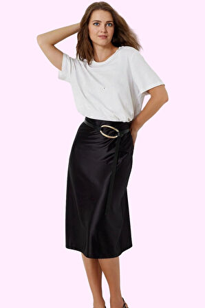 Kadın Midi Boy Saten Etek A Kesim Beli Lastikli Şık Günlük Hafta Sonu Yaz Aylarının Vazgeçilmezi