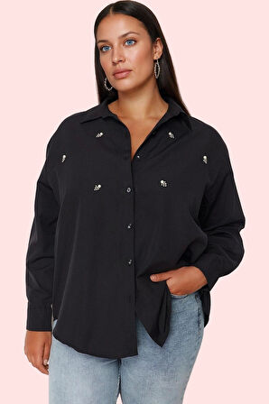 Kadın Büyük Beden Taş İşlemeli Poplin Gömlek Günlük Şıklık Hafta Sonu Yaz Aylarının Vazgeçilmezi