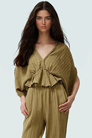 Keten Karışımlı Dokuma Bluz V Yaka Kısa Kollu Rahat Yazlık Profesyonel Görünüm Kullanım