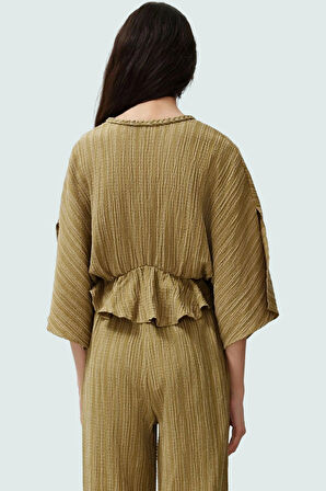 Keten Karışımlı Dokuma Bluz V Yaka Kısa Kollu Rahat Yazlık Profesyonel Görünüm Kullanım