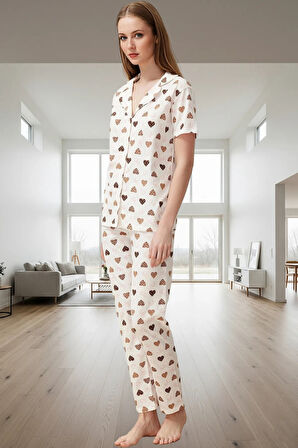Kadın Pamuklu Polyester Kalpli Pijama Takımı Rahat Ev Giysisi Premium Kalite Şık Görünüm